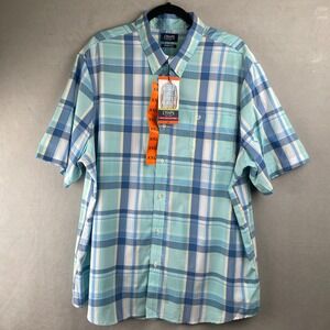Chaps Men XXL Blue Teal Plaid Easy Care Flex S/S Button Down Shirt Easter Picnic